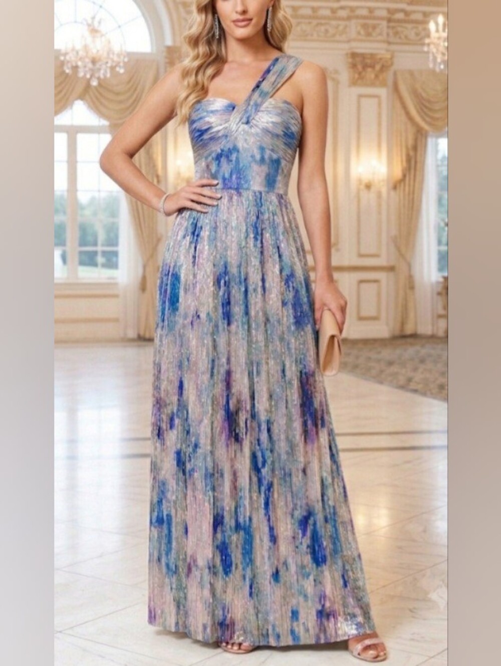 Dress the Population Idalia One-Shoulder Metallic Gown Pale Blue - Size XS